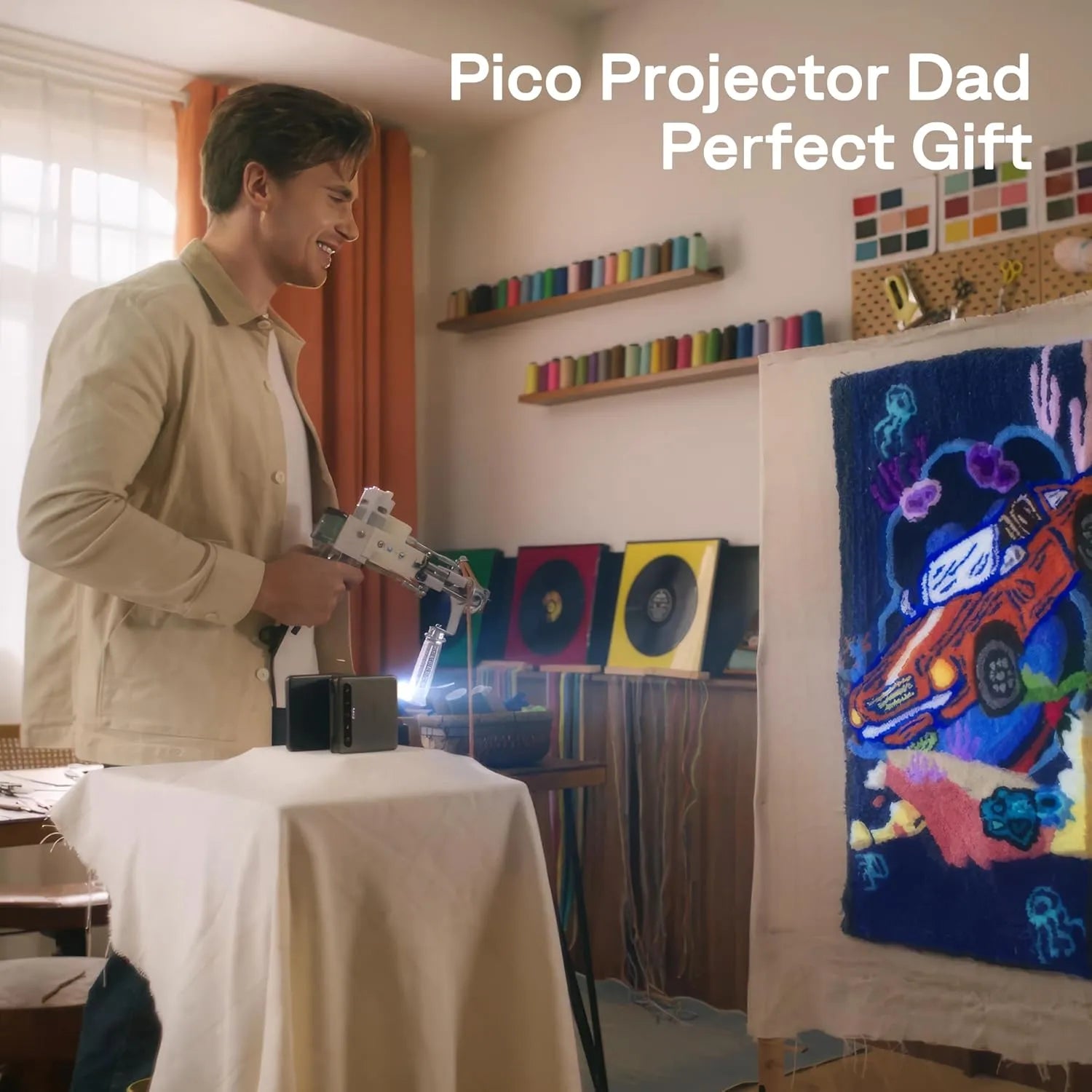 Aurzen ZIP Tri-Fold Pico Projector used for DIY art projection — a perfect creative gift for dads and hobbyists.