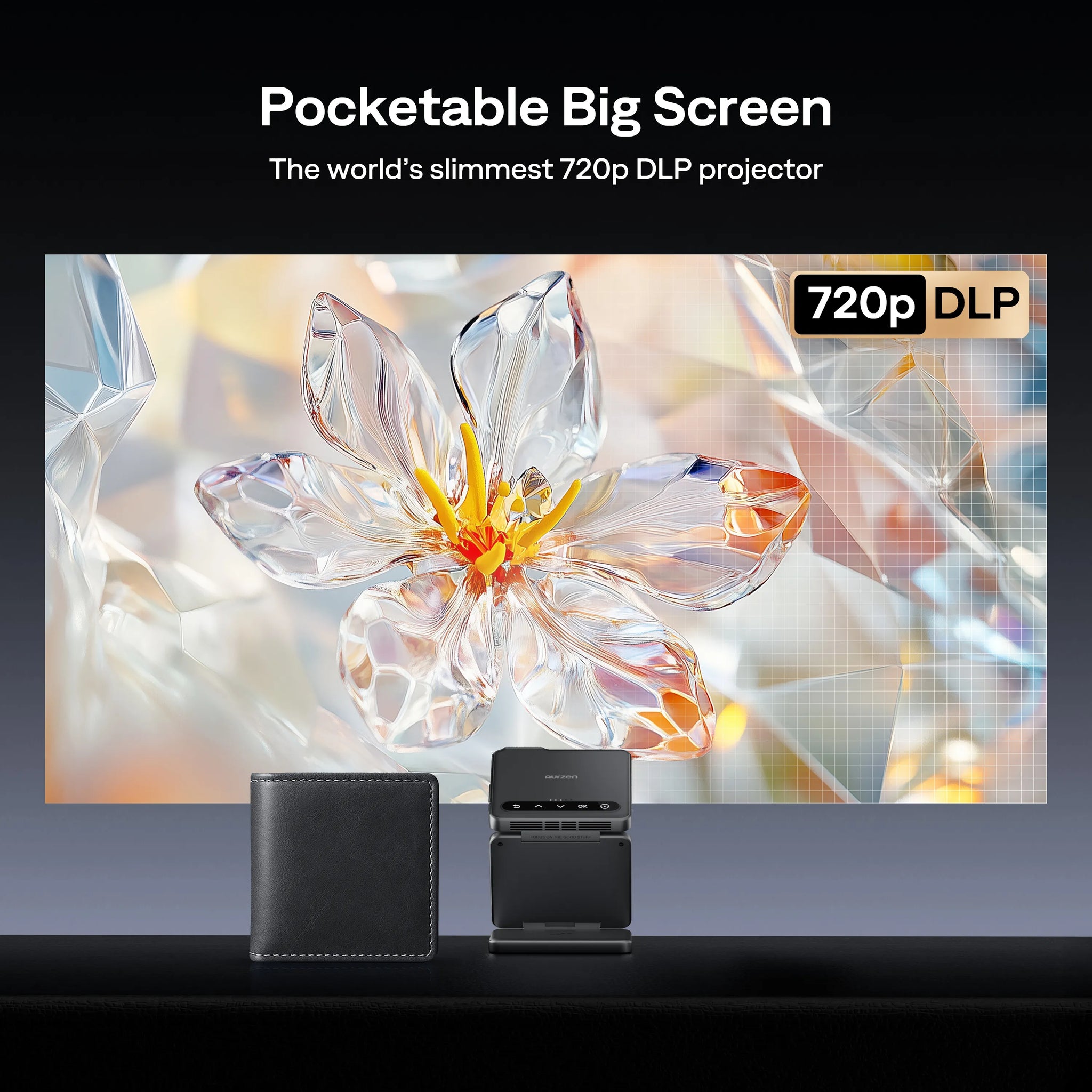 Aurzen ZIP Tri-Fold Portable Mini Projector — the world’s slimmest 720p DLP projector, delivering vivid visuals in a pocket-sized design.
