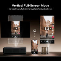Aurzen ZIP Tri-Fold Mini Projector in vertical full-screen mode displaying short-form videos without black bars for an immersive experience.