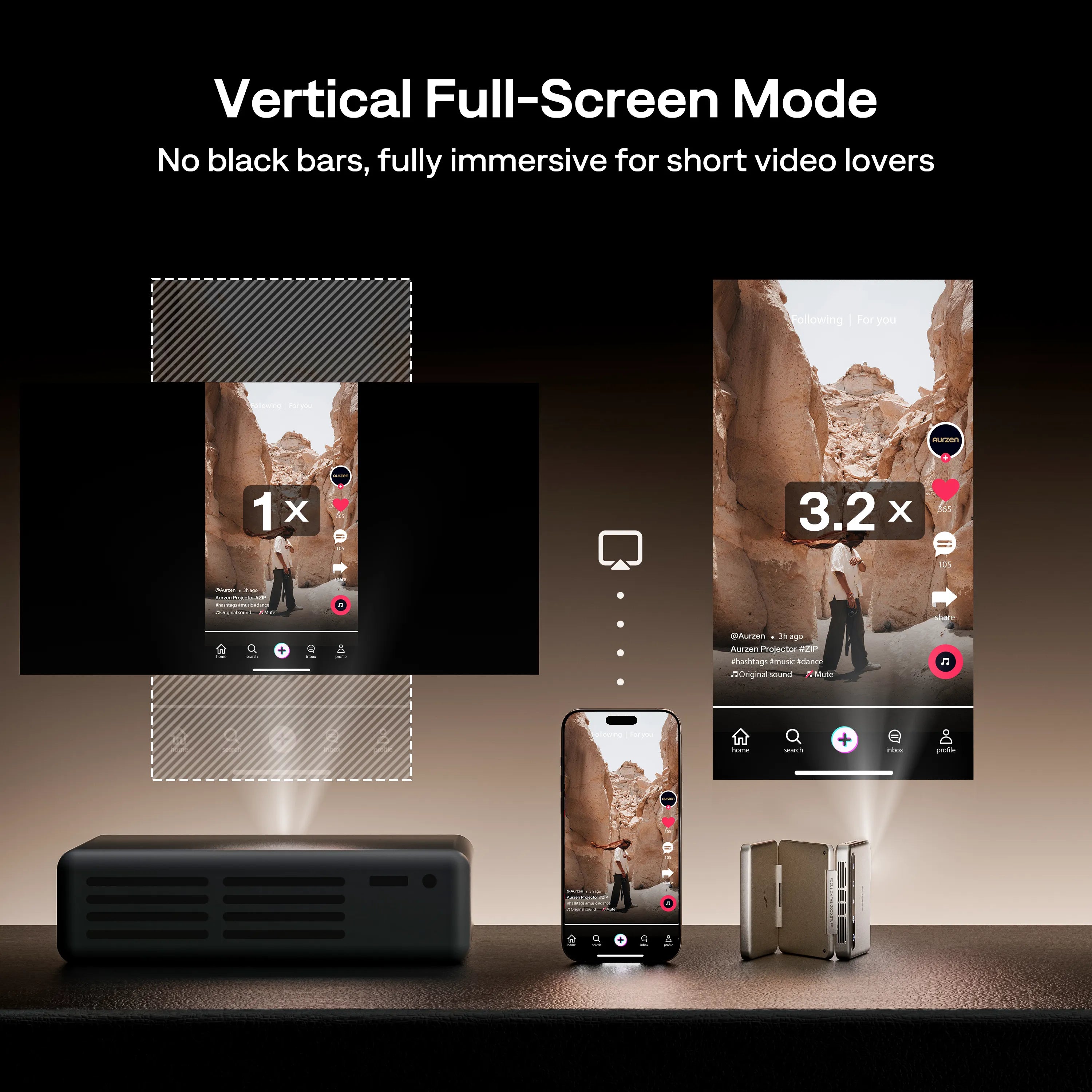 Aurzen ZIP Tri-Fold Mini Projector in vertical full-screen mode displaying short-form videos without black bars for an immersive experience.