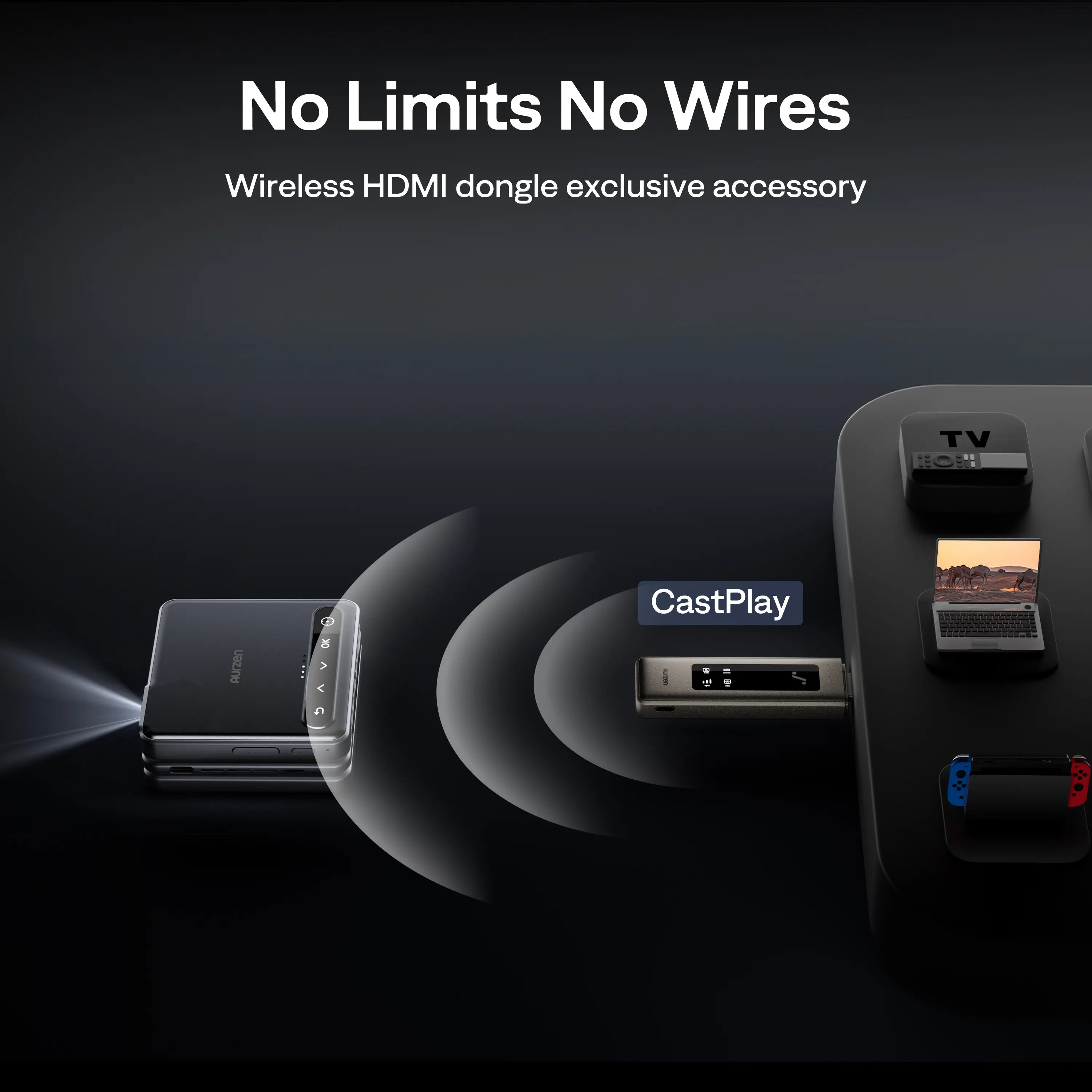 Aurzen ZIP Portable Mini Projector with CastPlay wireless HDMI dongle for cable-free projection from TV box, laptop, or gaming console.