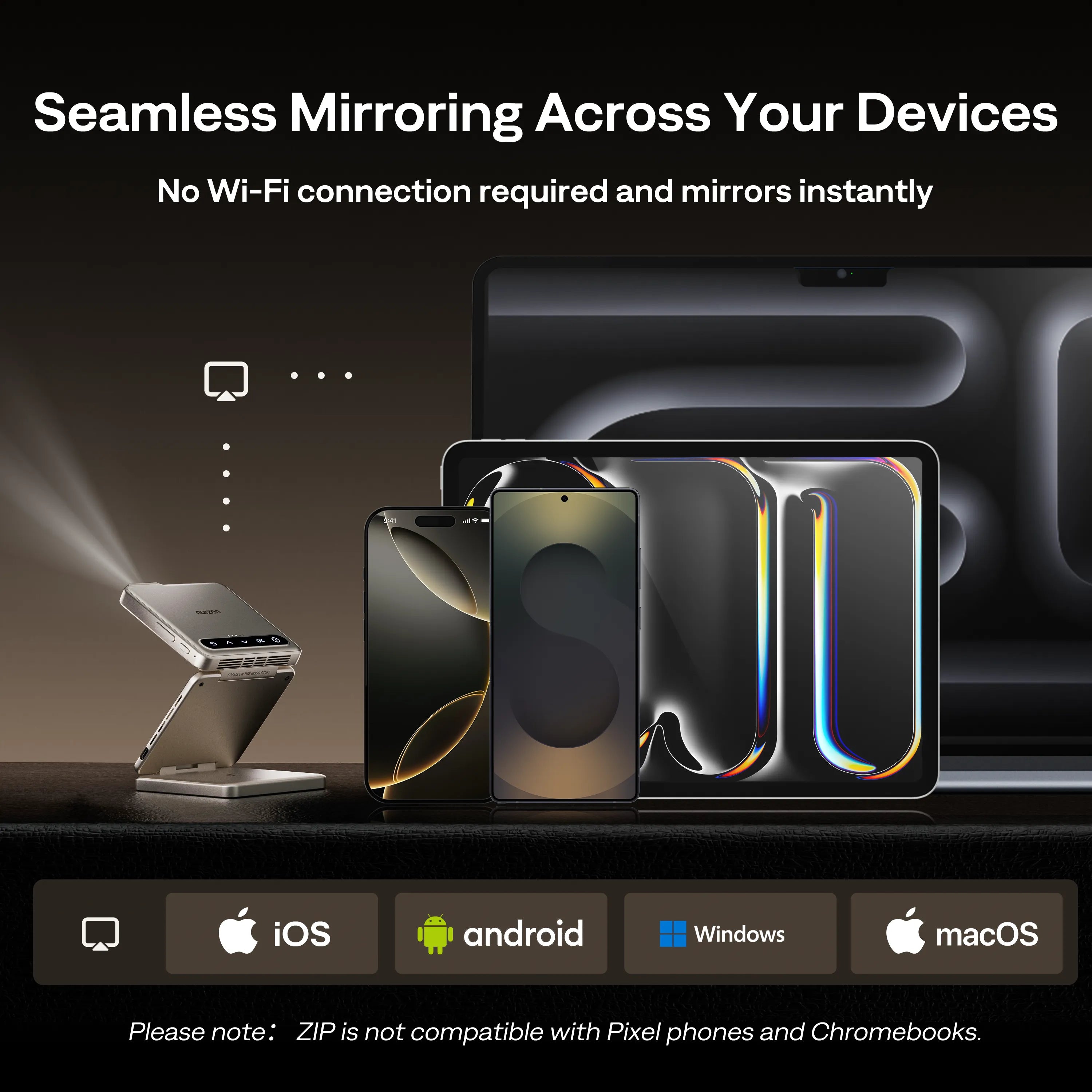 Aurzen ZIP Mini Projector | One Click Project - Compatible with iOS/Android/Windows
