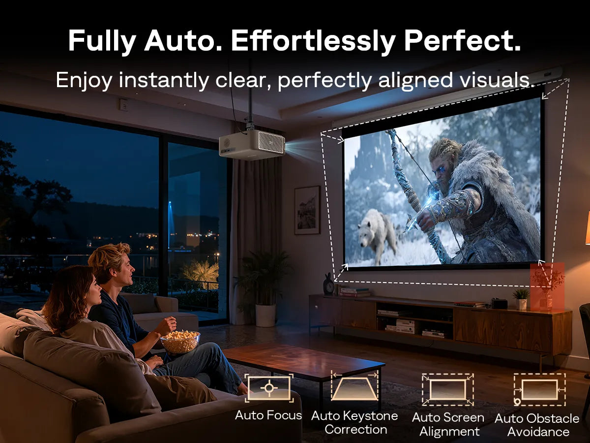 Aurzen EAZZE D1 MAX projector with auto focus, auto keystone correction, screen alignment and obstacle avoidance