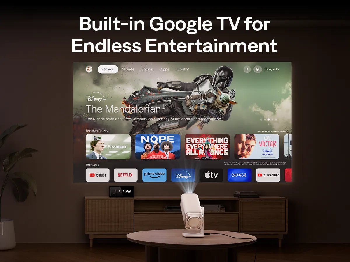 Built-in Google TV for endless entertainment projected on the wall