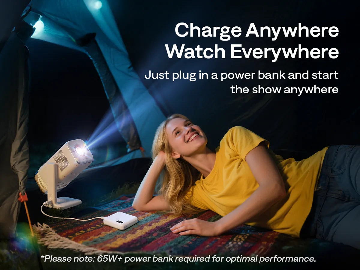 Charge anywhere, watch everywhere — projector powered by power bank
