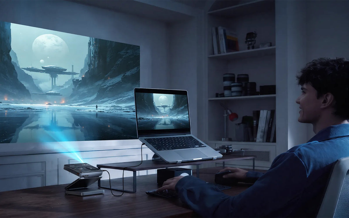 Aurzen recommends a 60–80-inch image in a dark environment, which is a useful reality check: this pocket projector is designed for light-controlled bedrooms, hotel rooms, tents, and evening gatherings, not for overpowering sunlight in a bright living room.