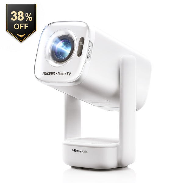 Aurzen air portable Roku TV smart projector, white with front lens and swivel stand
