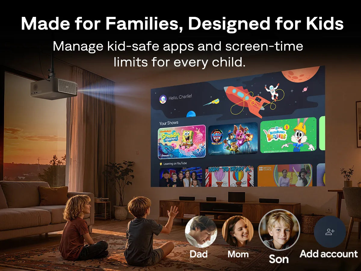 Aurzen EAZZE D1 MAX Google TV projector with kids profiles and parental controls for families