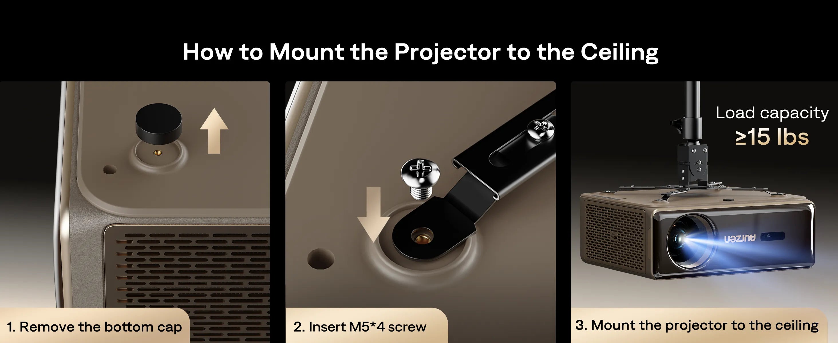 Aurzen EAZZE D1 MAX projector ceiling mount installation using standard M5 screws with strong load capacity