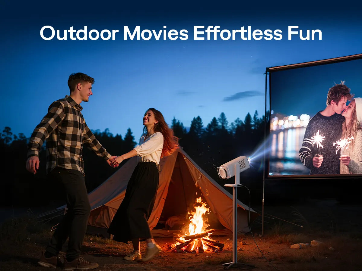 Outdoor movie night with portable projector and screen at campsite