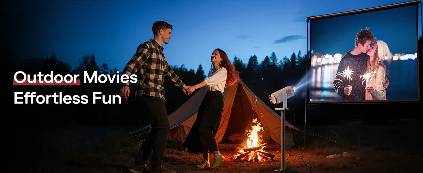 Outdoor movie night with portable projector and screen at campsite