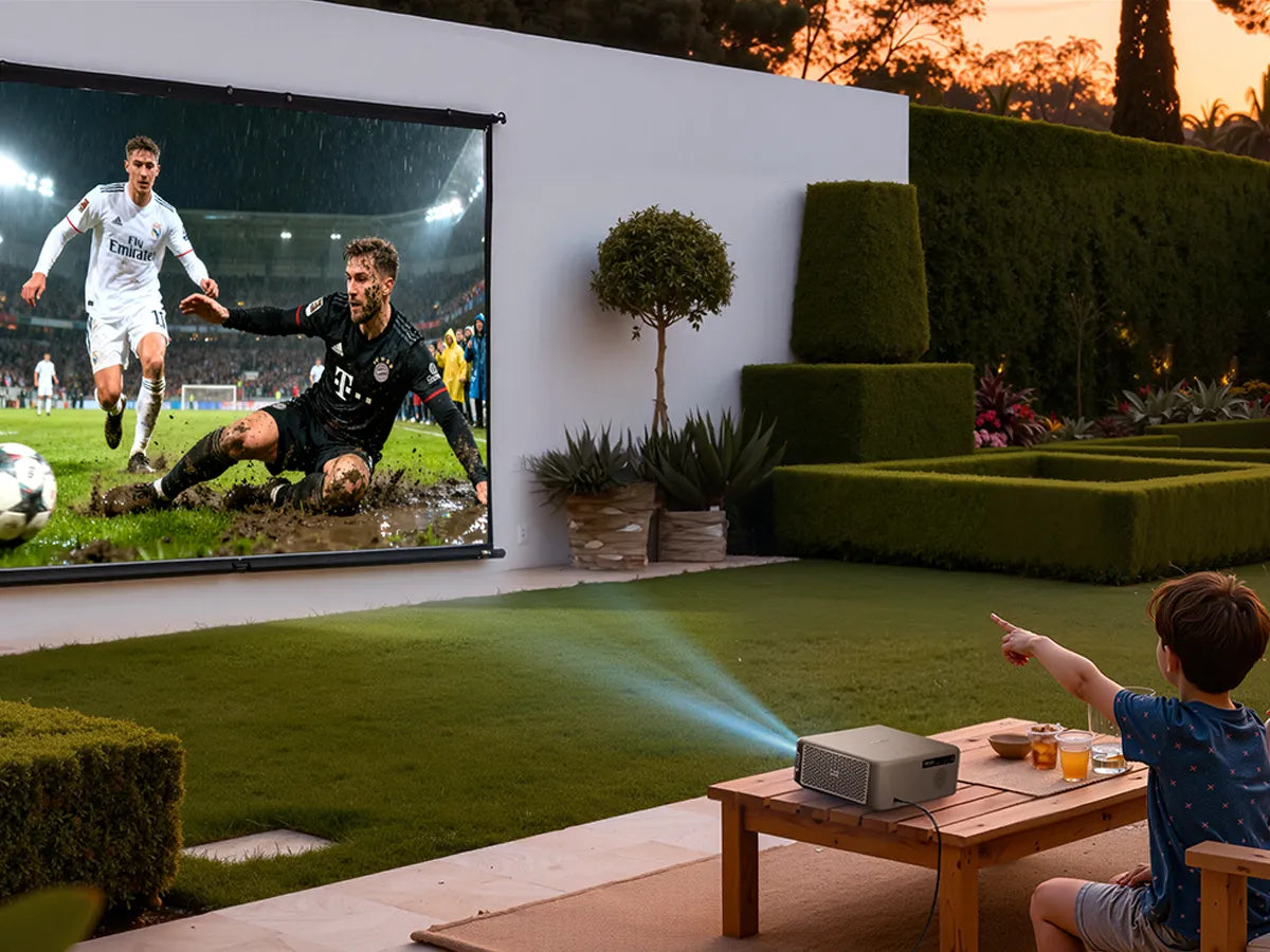 Proyector Aurzen EAZZE D1 MAX utilizado en exteriores para ver deportes y películas en pantalla grande.