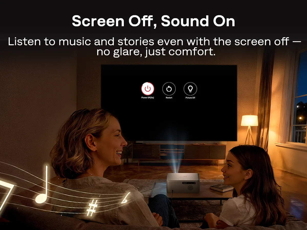 Aurzen EAZZE D1 MAX projector playing audio with screen turned off for comfortable listening