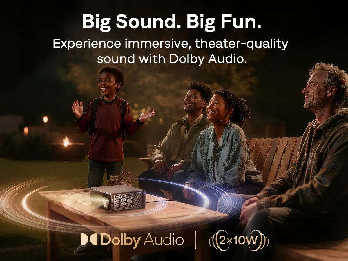 Aurzen EAZZE D1 MAX projector with built-in Dolby Audio speakers for immersive sound indoors and outdoors