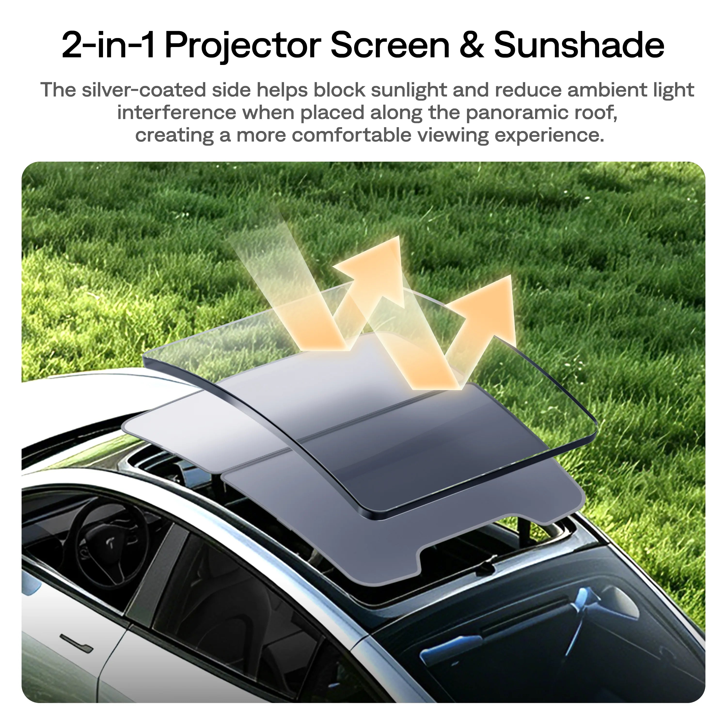 2-in-1 projector screen and sunshade for Tesla Model Y panoramic roof viewing