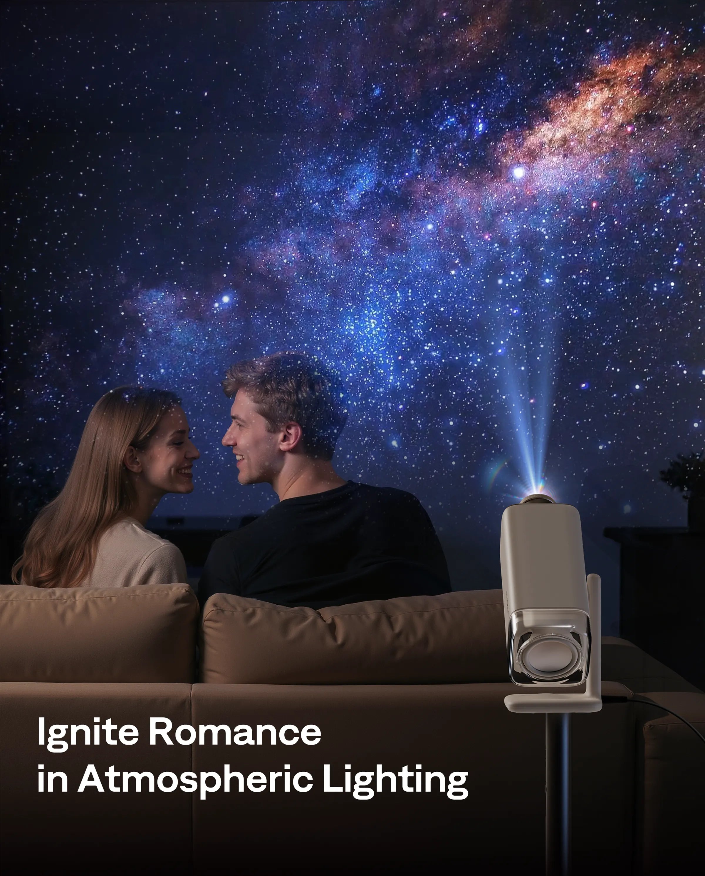 urzen BOOM air projector with AuroraBeam Lens creating romantic starry sky atmosphere for couples at home