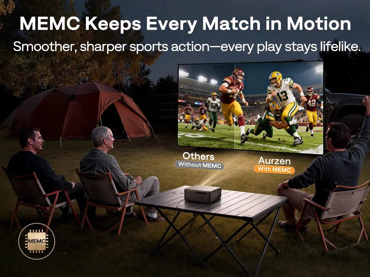Aurzen EAZZE D1 MAX projector featuring MEMC motion smoothing for sports and fast-moving scenes