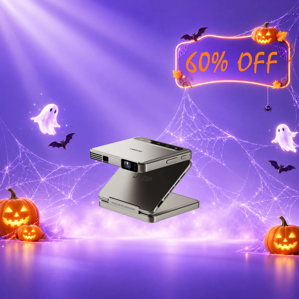 Silver portable mini projector with folded tri-fold design and lens on top
